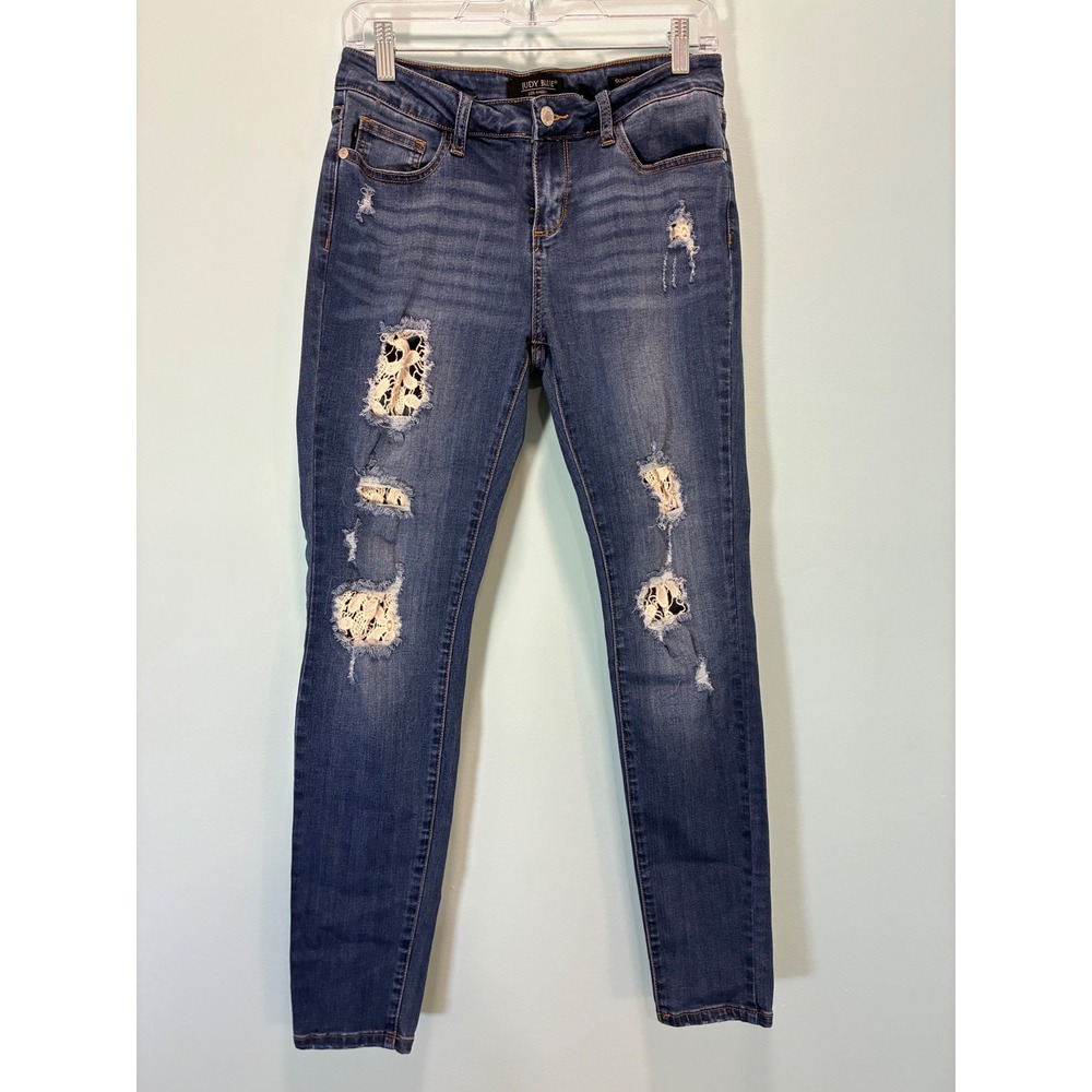 Judy Blue Skinny Fit Distressed Lace Inset Jeans Medium Wash JB88463 Size 9/29